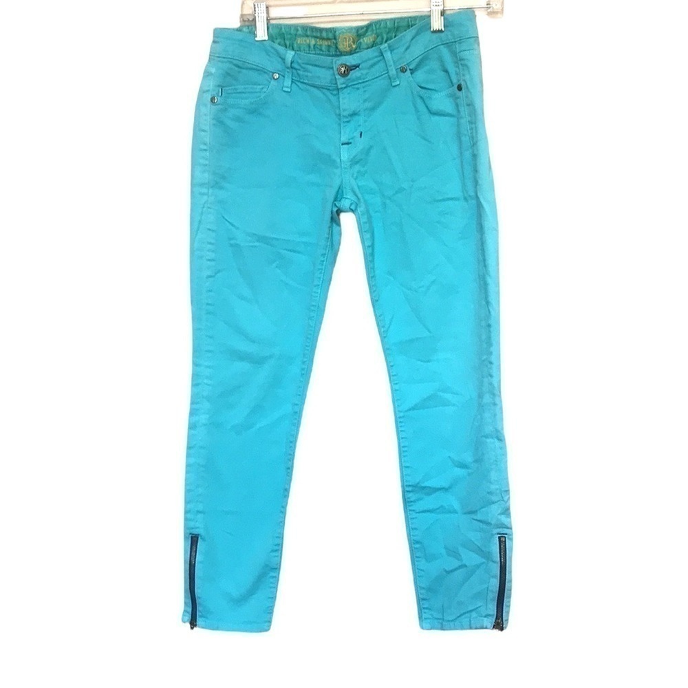 R&S Turquoise Low Rise Skinny Jeans Cropped Zip Hem Sz 26